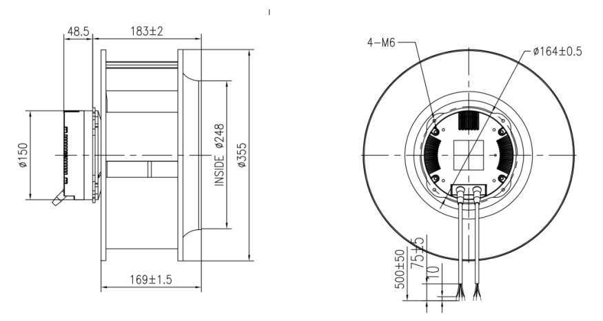 EC后倾式离心风机355mm外形尺寸图